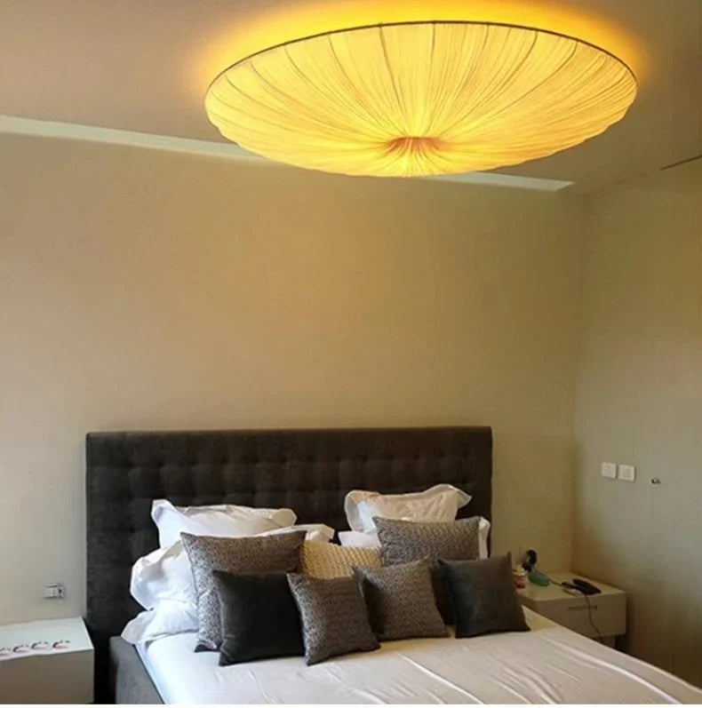 Wabi-Sabi Luxury Fabric LED Ceiling Lamp – Minimalist Round Flying Saucer Pendant Lamp