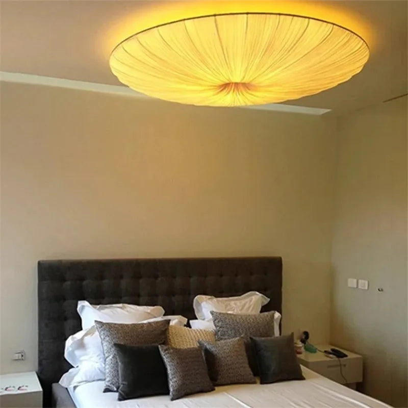 Wabi-Sabi Luxury Fabric LED Ceiling Lamp – Minimalist Round Flying Saucer Pendant Lamp