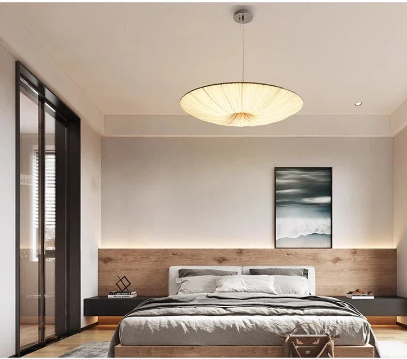 Wabi-Sabi Luxury Fabric LED Ceiling Lamp – Minimalist Round Flying Saucer Pendant Lamp