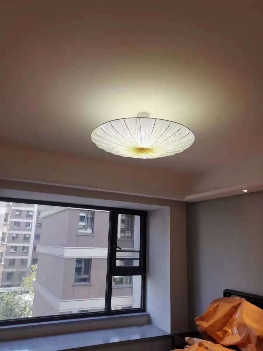 Wabi-Sabi Luxury Fabric LED Ceiling Lamp – Minimalist Round Flying Saucer Pendant Lamp