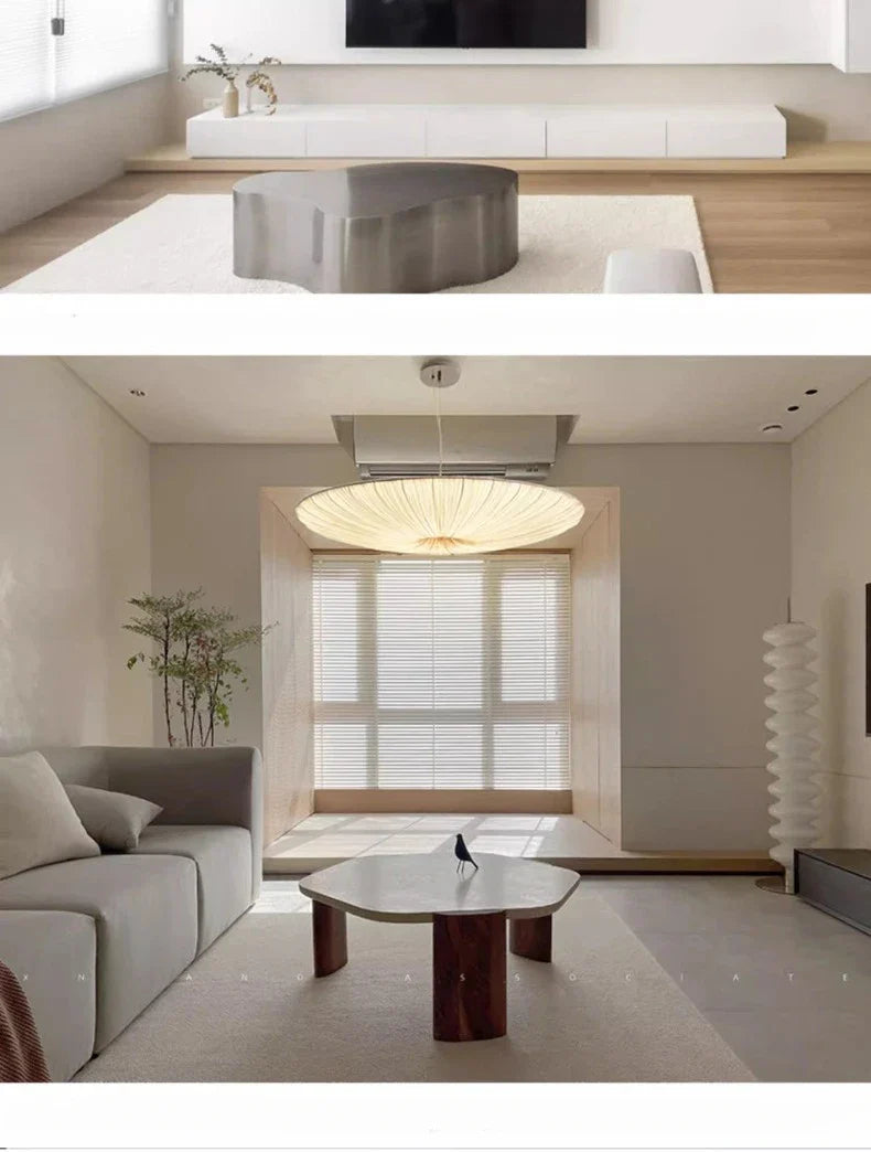 Wabi-Sabi Luxury Fabric LED Ceiling Lamp – Minimalist Round Flying Saucer Pendant Lamp