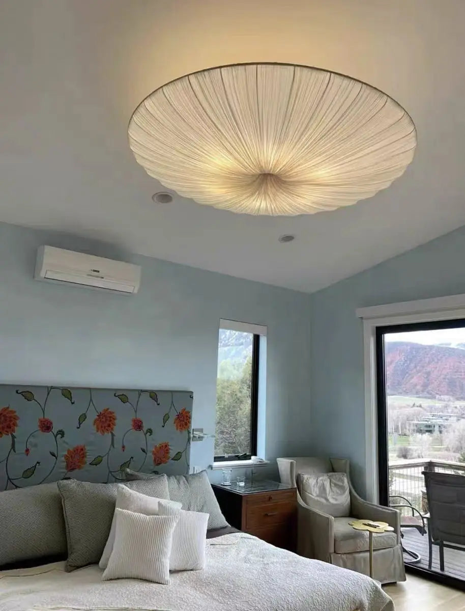 Wabi-Sabi Luxury Fabric LED Ceiling Lamp – Minimalist Round Flying Saucer Pendant Lamp