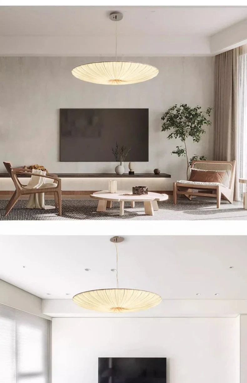 Wabi-Sabi Luxury Fabric LED Ceiling Lamp – Minimalist Round Flying Saucer Pendant Lamp