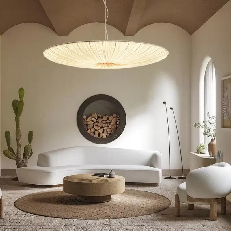 Wabi-Sabi Luxury Fabric LED Ceiling Lamp – Minimalist Round Flying Saucer Pendant Lamp
